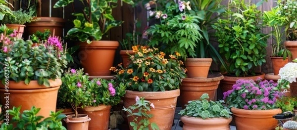 Obraz Plants placed in pots to enhance the beauty of the garden in the yard. with copy space image. Place for adding text or design