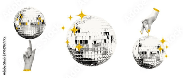 Fototapeta Shiny disco balls and cut out hands halftone collage vector illustration. Set of trendy modern retro elements with gold glitter star decoration isolated on transparent background