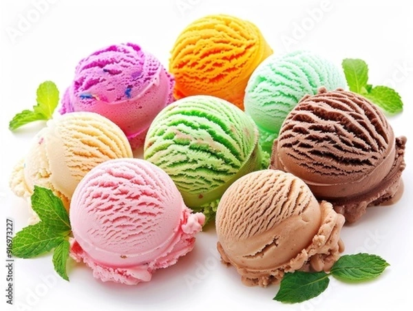 Fototapeta Assorted ice cream scoops arranged in a colorful display on a white background