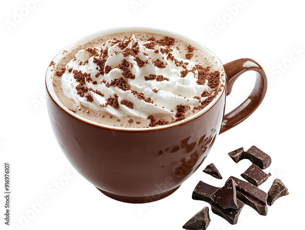 Fototapeta Delicious hot chocolate with whipped cream in a brown cup, topped with chocolate shavings, accompanied by dark chocolate chunks.