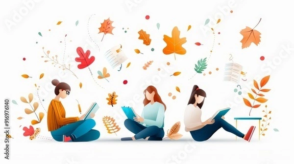 Obraz A lively fall study group with students ready to take notes, notebooks open and autumn leaves scattered around