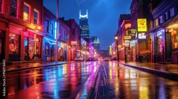 Obraz Neon Lights Reflecting on Wet Pavement in Nashville
