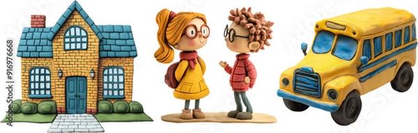 Fototapeta 3d cartoon school bus with a child going to school