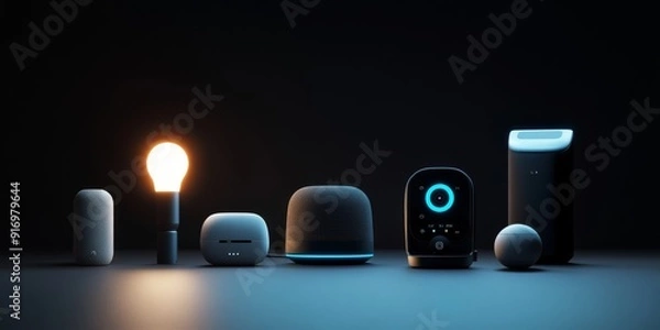 Fototapeta Collection of sleek modern smart home devices with ambient lighting, showcasing advanced technology and minimalistic design in a dark, futuristic setting.
