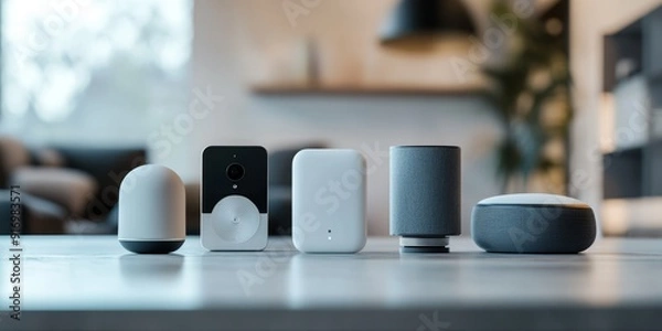 Fototapeta Sleek Modern Smart Home Devices Displayed on a Table in a Minimalist Living Room