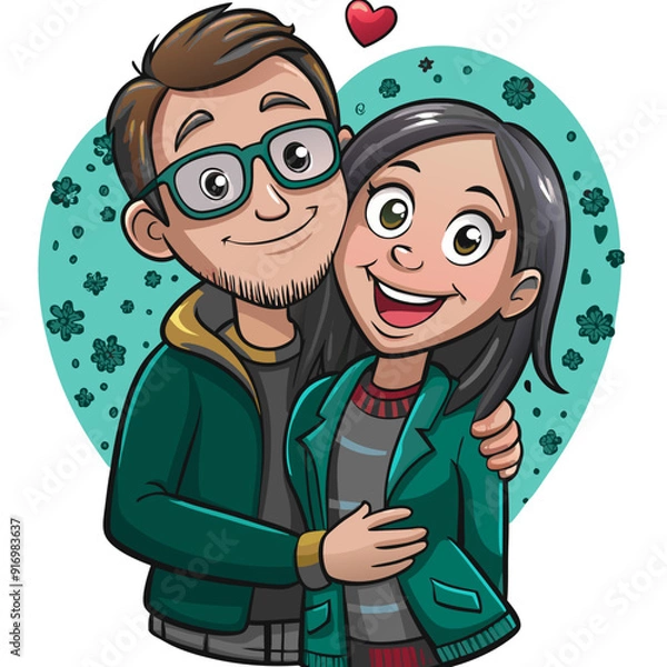 Fototapeta loving couple vector drawing, two people love each other, boy and girl hugging, family hugs