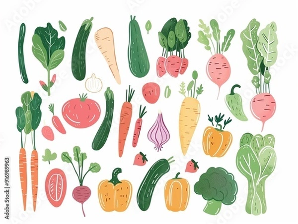 Fototapeta Set of various vegetables simple illustration. AI generated