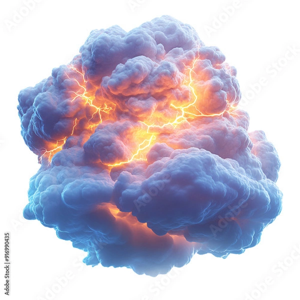 Fototapeta Dramatic 3D Rendering of Stormy Cloud with Lightning on White Background - Illustration of Weather Phenomenon