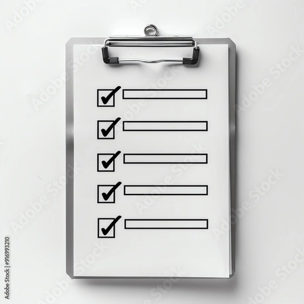 Fototapeta Top-down view of a clipboard with a checklist. Five items, three checked off. Ideal for productivity and organization themes.