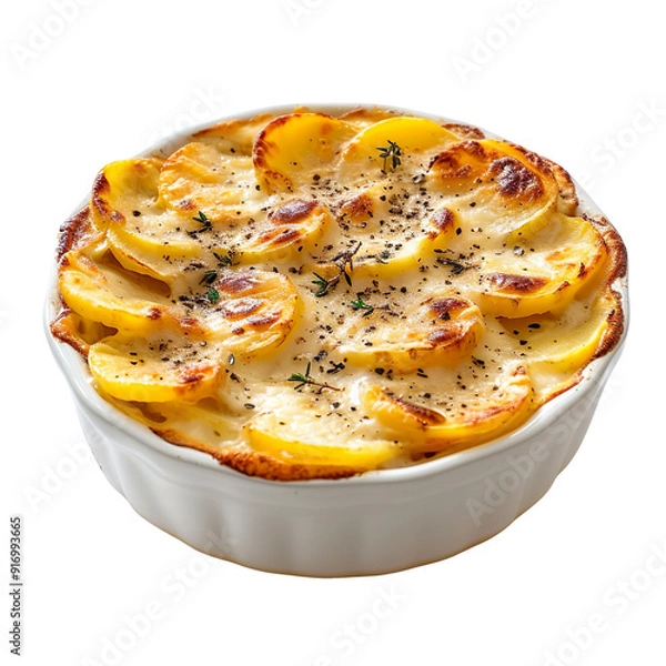 Obraz Front view of Gratin Dauphinois (potato gratin) with layers of thinly sliced potatoes baked in a creamy garlic-infused sauce, isolated on a white transparent background
