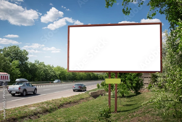 Fototapeta Empty blank billboard mockup, near highway, asphalting road.