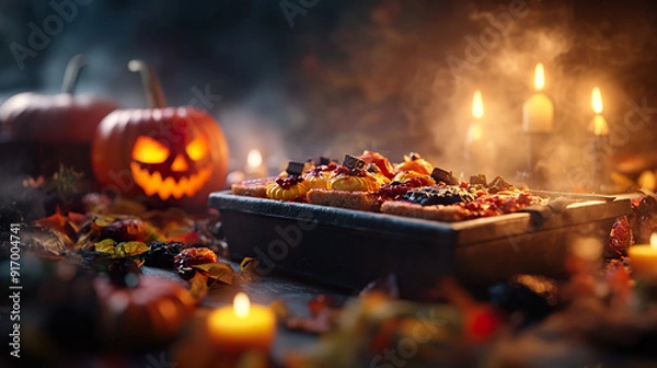 Obraz Spooky Halloween party with coffin-shaped cakes and chewy treats
