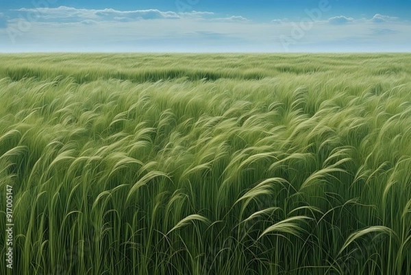 Fototapeta "A serene field of tall grass, where the wind creates rhythmic waves that move across the landscape like the surface of a green ocean. 