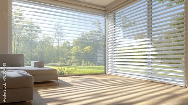 Fototapeta Modern living room with large window and sheer blinds, showcasing natural light and a view of green lawn.