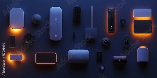 Fototapeta High-tech collection of smart home devices in a sleek, dark setting with ambient lighting, showcasing minimalistic design and modern technology for a futuristic lifestyle.
