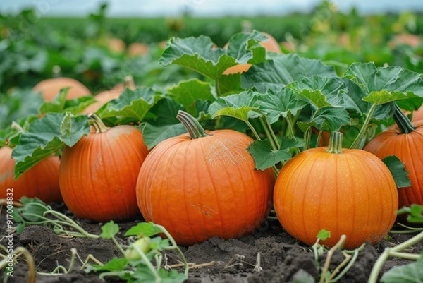 Fototapeta A field of pumpkins. Orange pumpkins in garden. A harvest of pumpkins in the soil illuminated by the sun. Vegetables. Bashtan