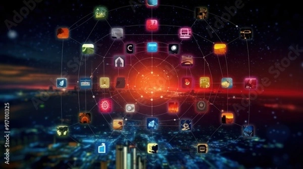 Fototapeta Network of Apps in a City Skyline