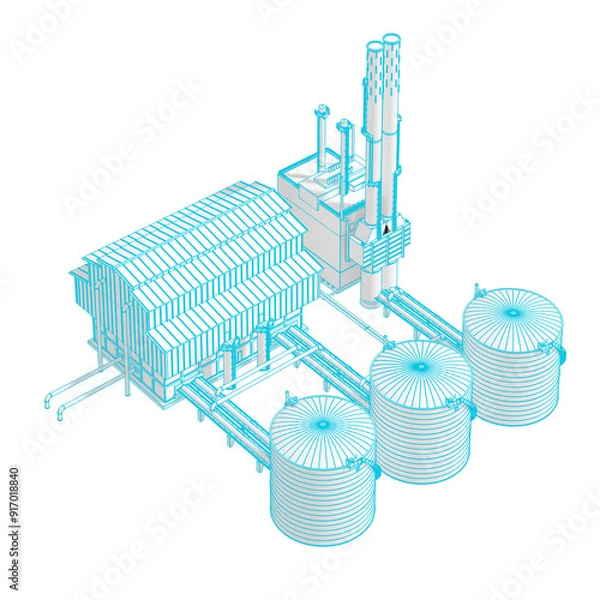 Obraz 3D wireframe blueprint of an industrial factory with multiple silos, showcasing the architectural and engineering design of the manufacturing facility. 3d rendering