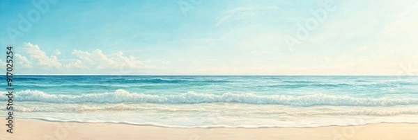 Fototapeta A peaceful beach scene with gentle waves, soft sand, and a sunlit sky, capturing the essence of a relaxing summer day by the sea