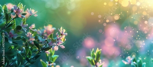 Fototapeta Flower pollens with a blurred green and purple backdrop provide a lovely copy space image