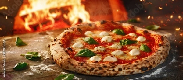 Obraz Authentic Neapolitan pizza with fresh mozzarella and basil leaves baked in a brick oven displayed in a true Italian Traditional Pizza Margherita copy space image