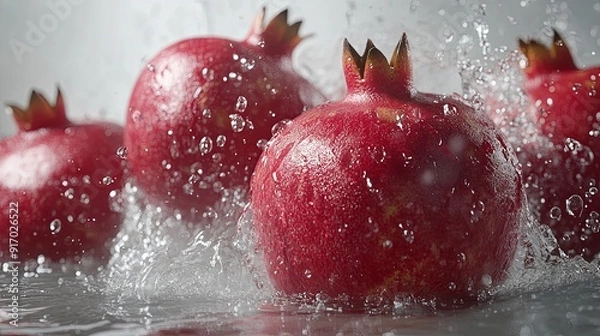 Fototapeta Explosive Splash of Fresh Pomegranate Juice in Mid-Air, Photorealistic Detail of Vibrant Red Pomegranates Bursting with Water Spray on a Bright Clean Background,