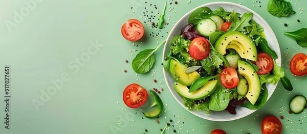 Obraz Healthy vegetarian lunch of green salad with avocado tomatoes and a vibrant copy space image