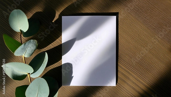 Fototapeta Eucalyptus leaves and blank sheet of paper on wooden table, copy space for your design.