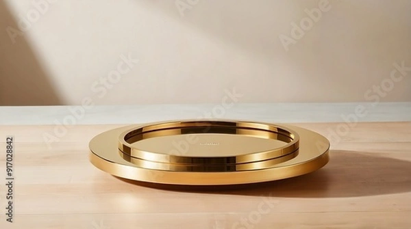 Fototapeta A stunning round flat gold stand sits atop a wooden table.