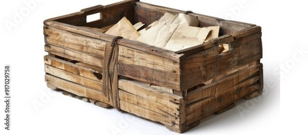 Fototapeta Isolated on a white background a wooden crate with papers and letters is displayed in a copy space image