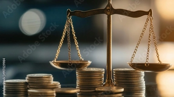 Fototapeta Golden balance scale with stacks of coins on both sides, representing financial fairness and wealth management.
