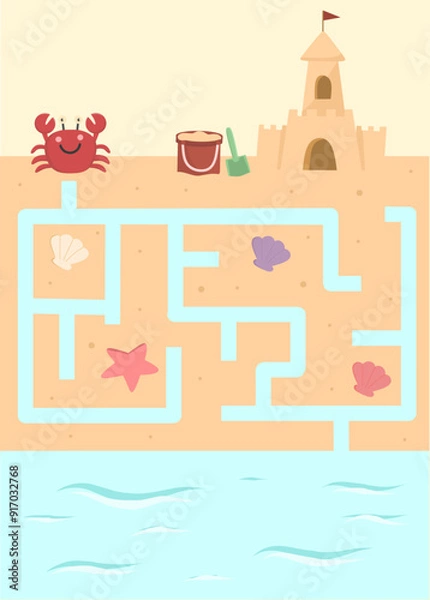 Fototapeta Maze game for kids in beach theme, summer maze game worksheet, labyrinth game printable, maze crab at the beach 