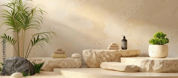 Fototapeta A podium constructed from rocks set up for showcasing spa items with copy space image available