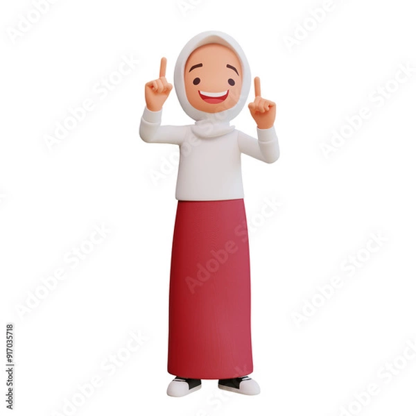 Obraz Cute girls with school uniform pointing up 3d cartoon illustration