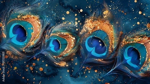 Fototapeta A watercolor design of peacock feathers, vibrant blues, greens, and golds, detailed feather textures, seamless pattern, soft gradients, luxurious and elegant, hd quality, natural look.