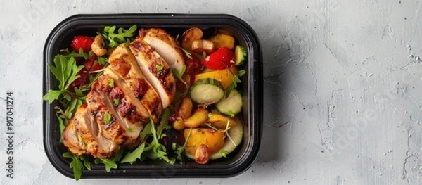 Fototapeta Roasted chicken in takeaway lunch box with healthy food delivery and a view from the top perfect for copy space images