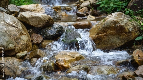 Fototapeta flow as it tumbles over smooth stones, creating small waterfalls and gentle rapids.