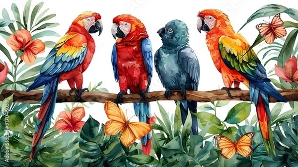Fototapeta Rainforest animals watercolor design, diverse wildlife like parrots, monkeys, and butterflies, lush green foliage, vibrant hues, intricate details, seamless pattern, lively and dynamic, hd quality,