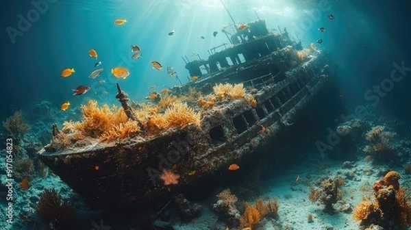 Fototapeta Mysterious shipwreck resting on the ocean floor, now home to various marine life, including fish, corals, and sea stars, with soft light filtering through the water