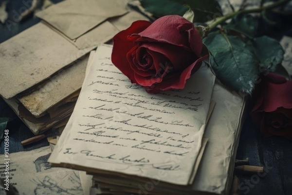 Obraz Timeless Romance: A Vintage Tale of Love Letters and Roses Intertwined in Retro Charm, Perfect for Historical Novels, Romantic Stories, and Nostalgic Visual Projects.