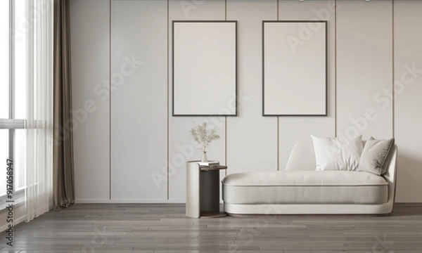 Fototapeta mock up poster frame in interior background, living room. 3D render, 3D illustration