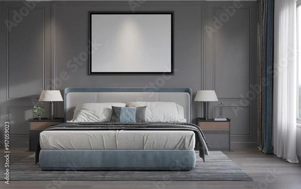 Fototapeta mock up poster frame in interior background, bed room. 3D render, 3D illustration