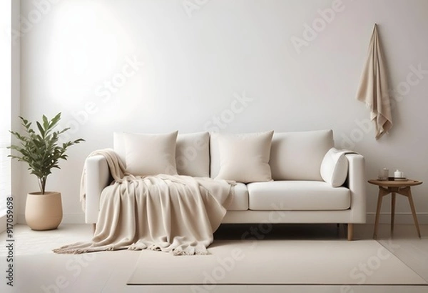 Fototapeta A minimalist living room with a white sofa, soft beige throw blankets, and a neutral color palette.