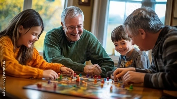 Fototapeta A joyful family gathering around a table, playing board games together, sharing laughter and creating cherished memories.