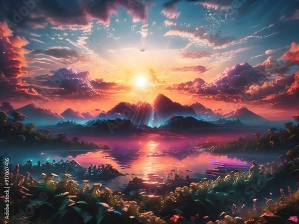 Obraz This captivating image features a man standing on a hill, gazing at a breathtaking sunset that paints the sky in vibrant hues of orange, pink, and purple.