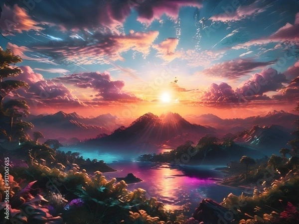 Obraz This captivating image features a man standing on a hill, gazing at a breathtaking sunset that paints the sky in vibrant hues of orange, pink, and purple.