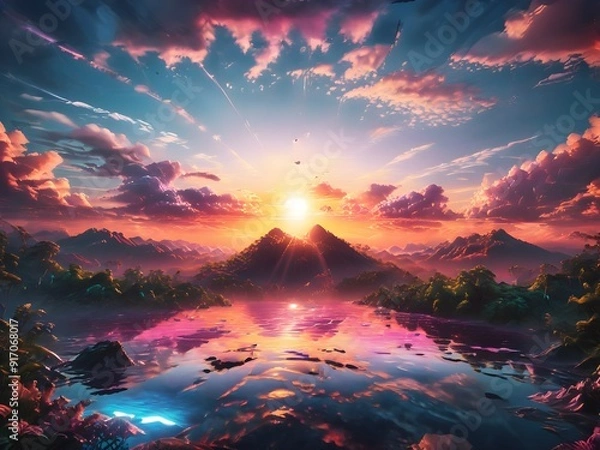 Obraz This captivating image features a man standing on a hill, gazing at a breathtaking sunset that paints the sky in vibrant hues of orange, pink, and purple.