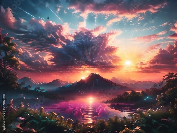 Obraz This captivating image features a man standing on a hill, gazing at a breathtaking sunset that paints the sky in vibrant hues of orange, pink, and purple.