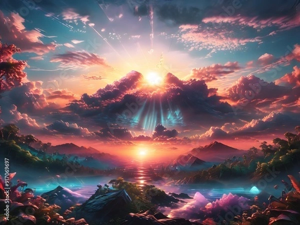 Obraz This captivating image features a man standing on a hill, gazing at a breathtaking sunset that paints the sky in vibrant hues of orange, pink, and purple.