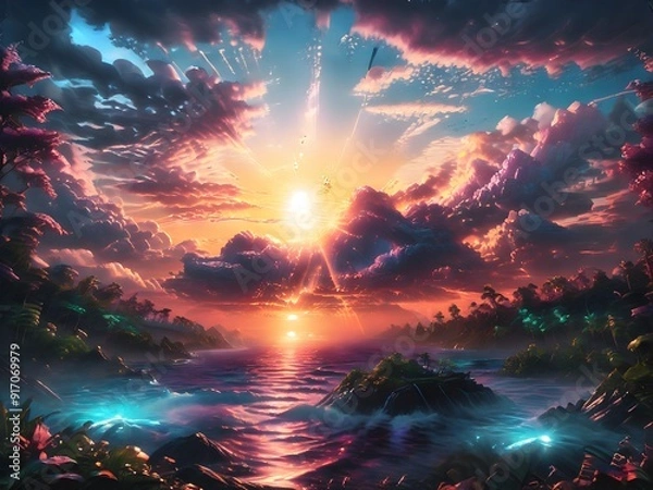 Fototapeta This captivating image features a man standing on a hill, gazing at a breathtaking sunset that paints the sky in vibrant hues of orange, pink, and purple.
